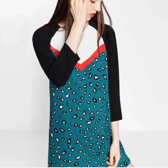 Zara Trafaluc Animal Print Teal Raglan Sleeve Shift Dress Size Small NWT - Picture 2 of 12